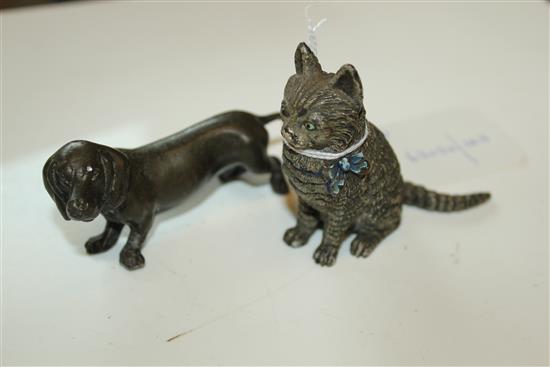 Austrian cold-painted bronze cat & a small bronzed dachshund